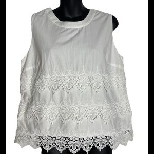 J.McLaughlin White lace cotton tiered Sleeveless Top blouse Size Medium